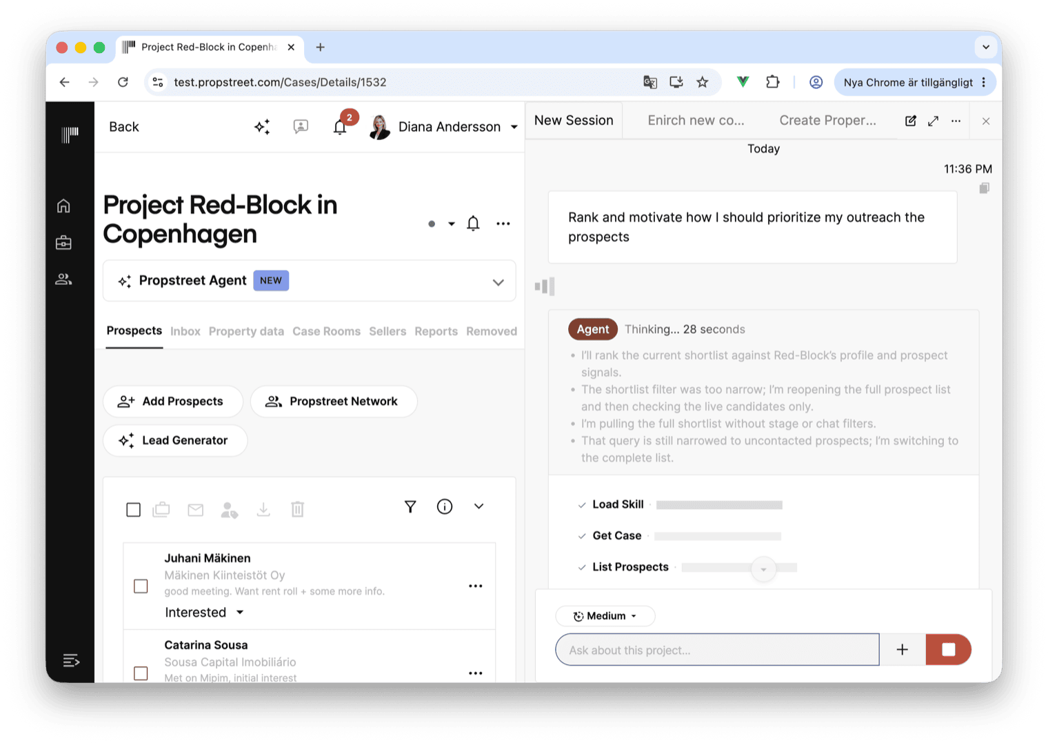 The Propstreet workspace with a case open on the left and the Agent panel slid in on the right, showing a multi-turn conversation about ranking the shortlist.