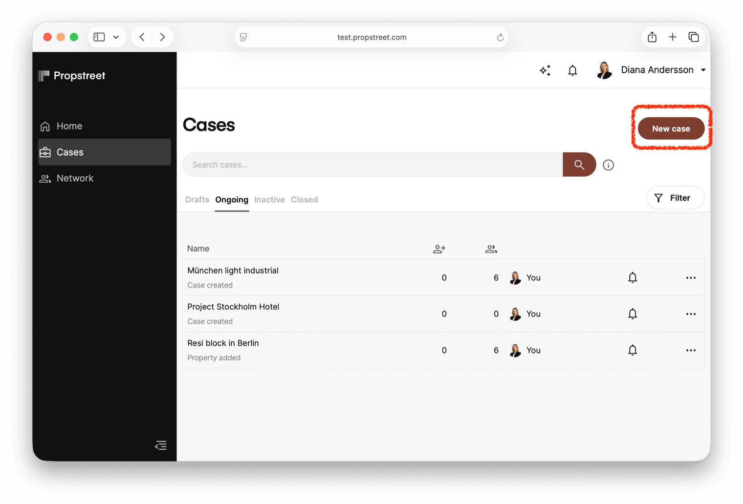 The case list — here you can see all your cases. Click "New case" to get started.