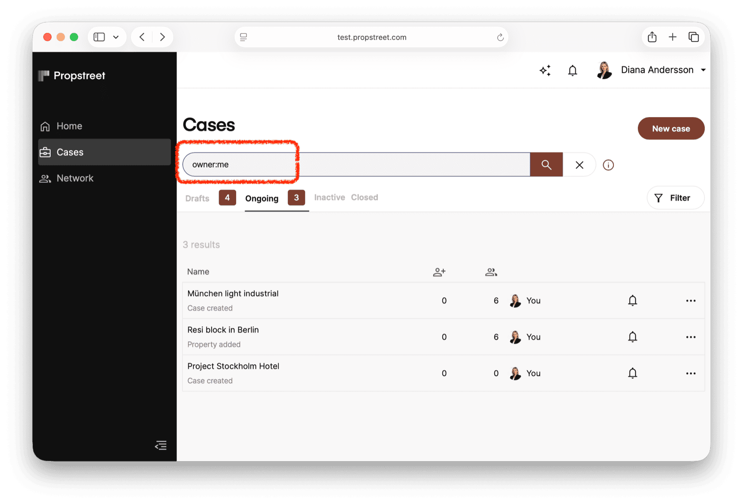 The search box in the case list with the owner:me filter active — showing only your own cases.