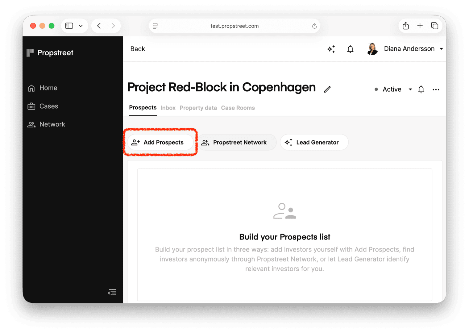 Click the Add button in the prospect list to open the sidebar panel.