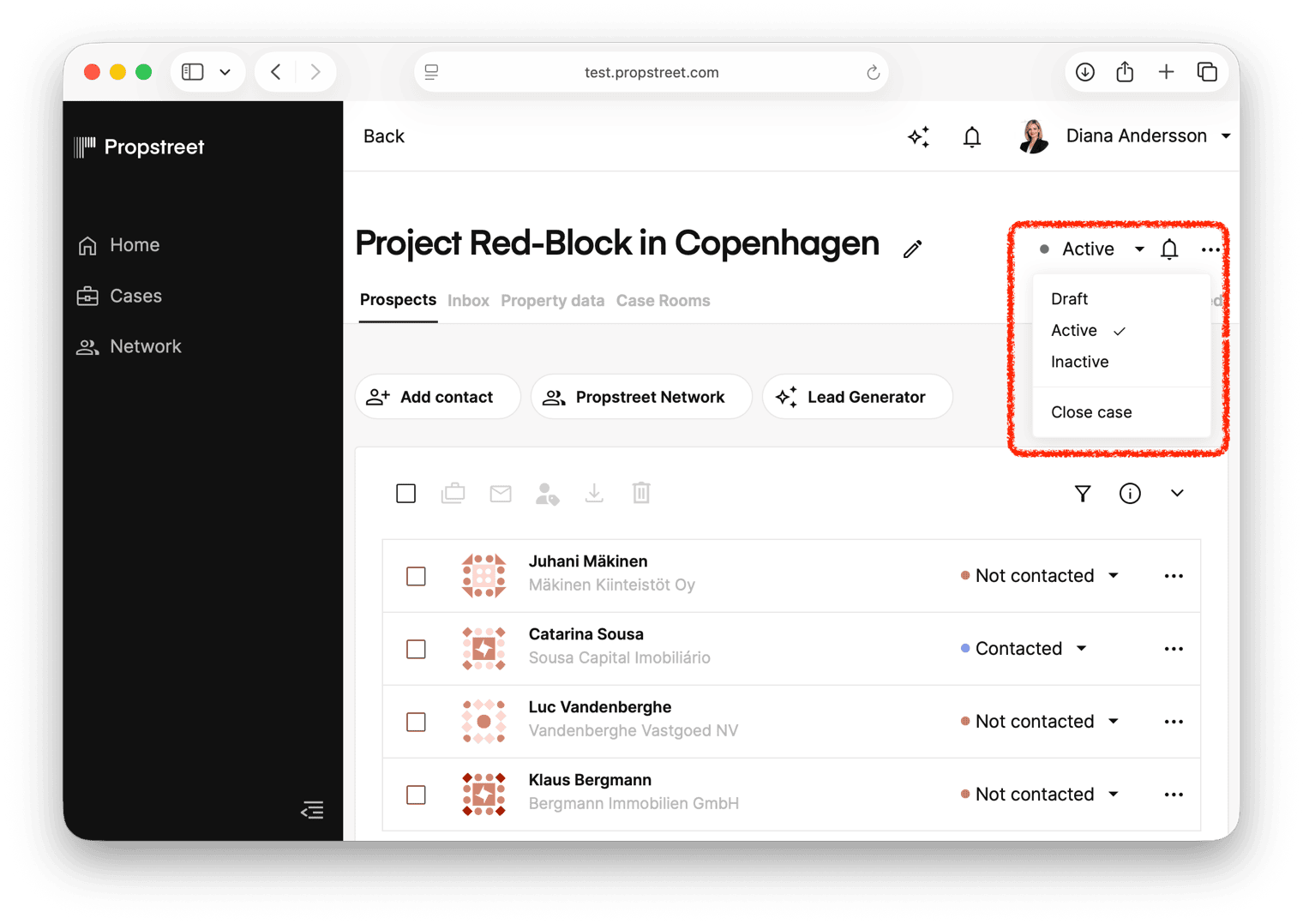 Click "Draft" to see all status options: Draft, Active, Inactive and Close case.