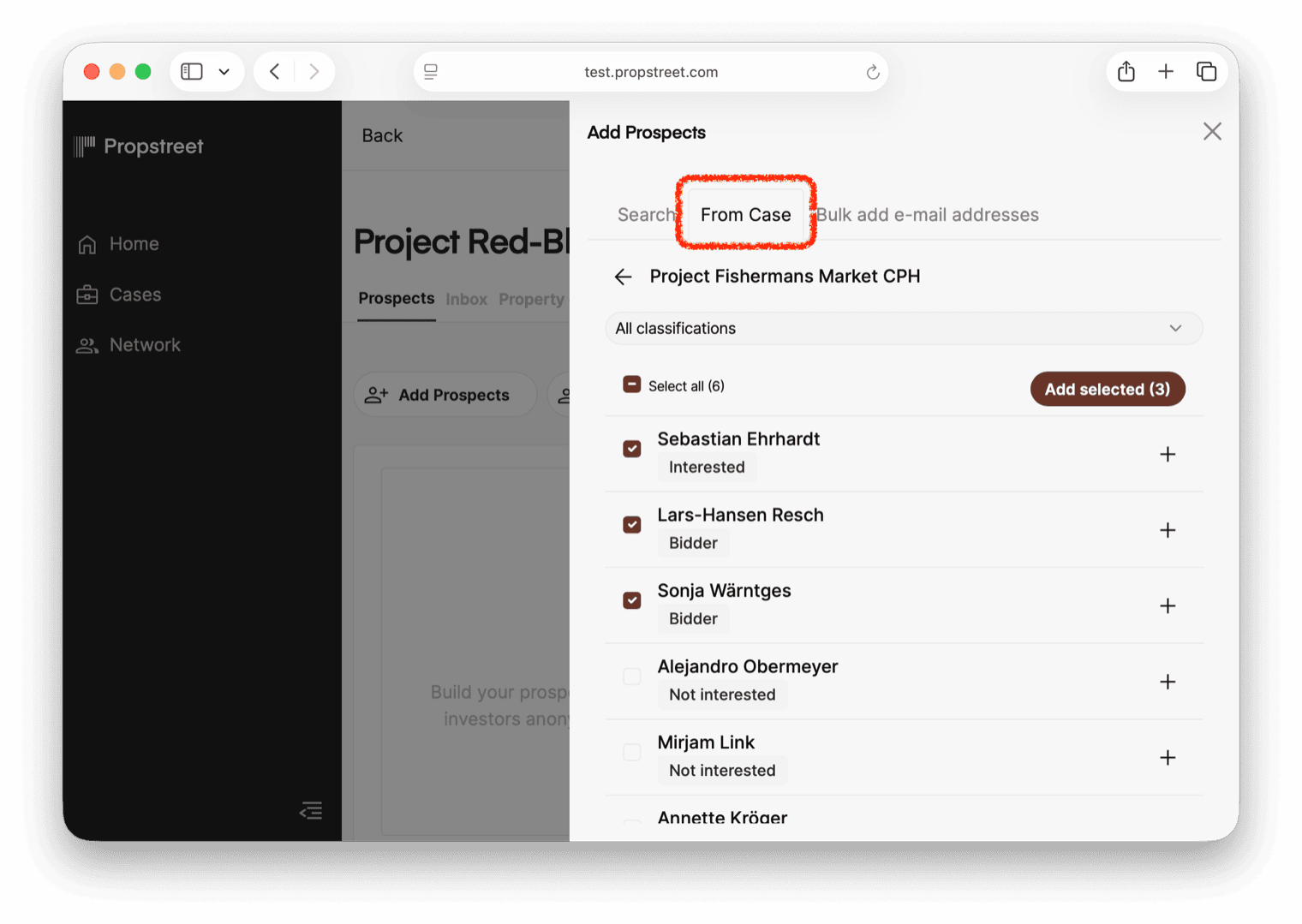 The From Case tab with a selected case, classification filter and selected prospects ready to be added.