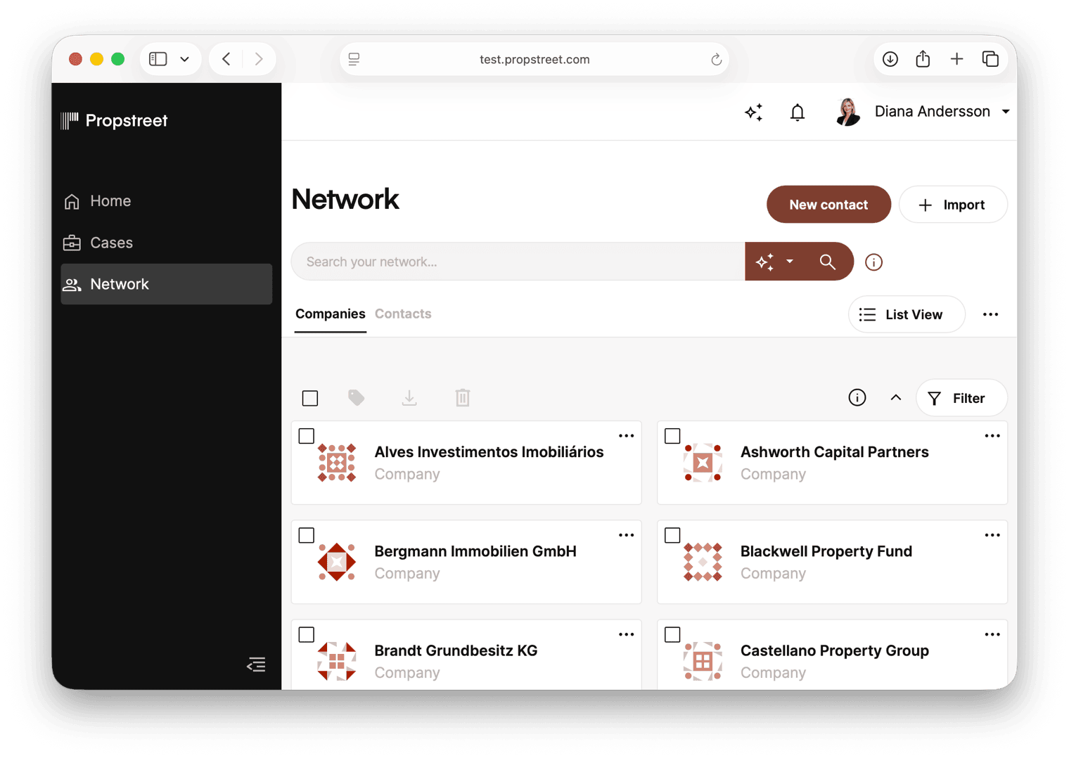 The network page with search field, Companies/Contacts tabs and New contact button.