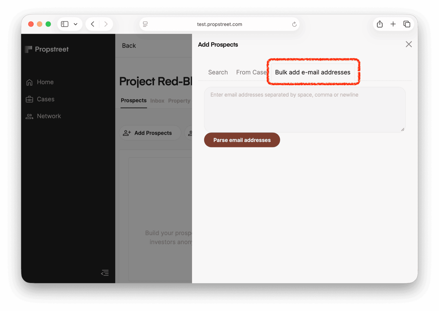 The Bulk Add tab with a text field for pasting email addresses and automatic duplicate checking.