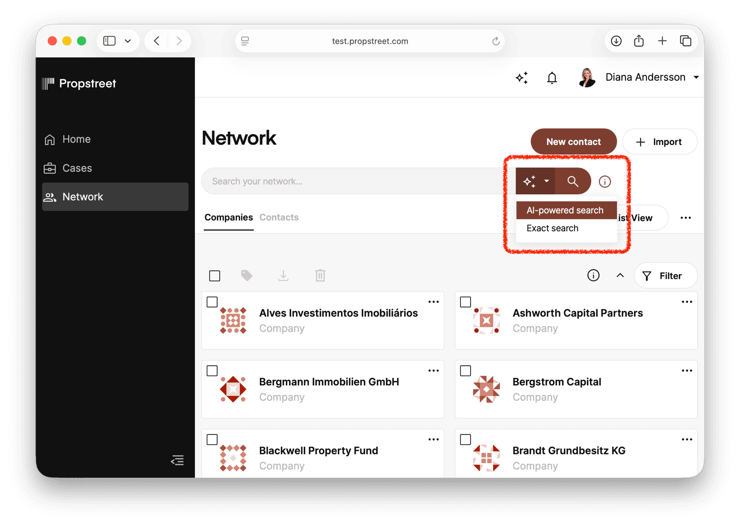 Choose between AI-powered search and Exact search via the dropdown menu.