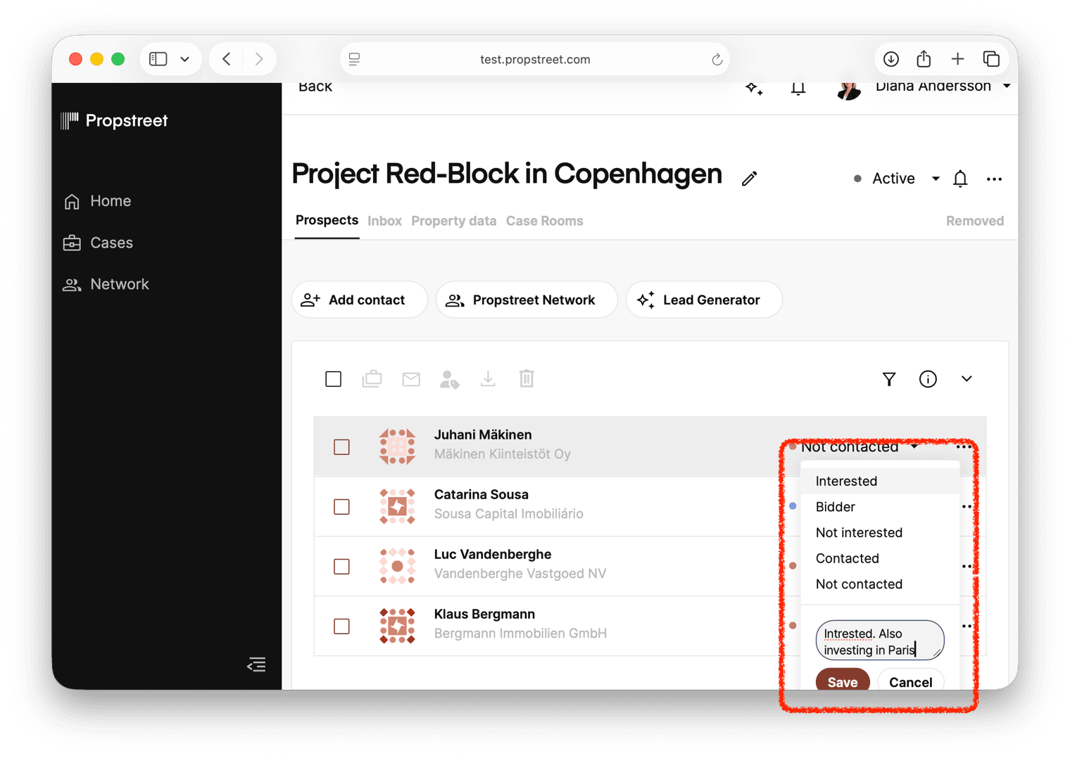 Status dropdown open with comment field for logging why the status was changed.