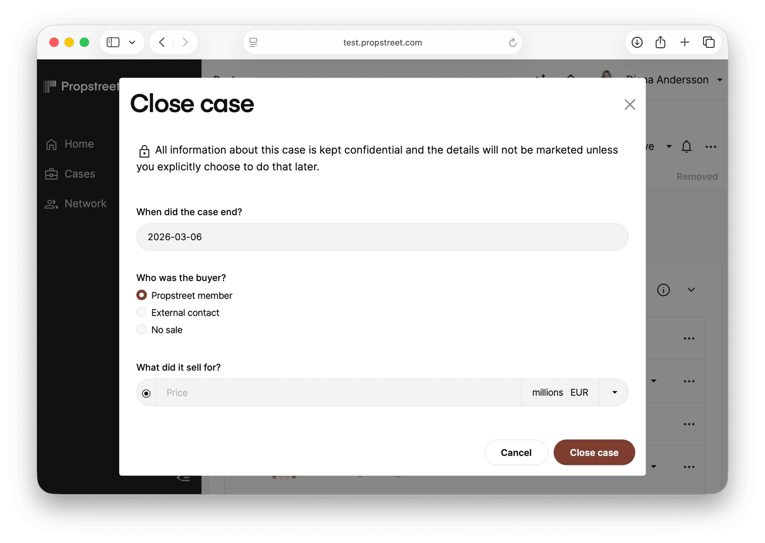 The dialog for closing a case with buyer type, price and yield options.