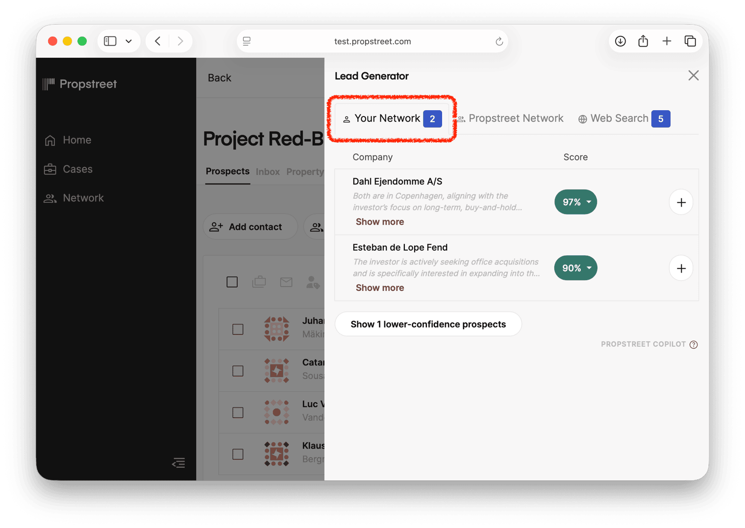 Lead Generator — the Your network tab with matches and confidence scores.