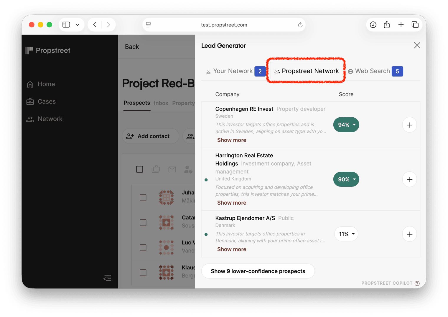 Lead Generator — Propstreet Network with real-time search results.