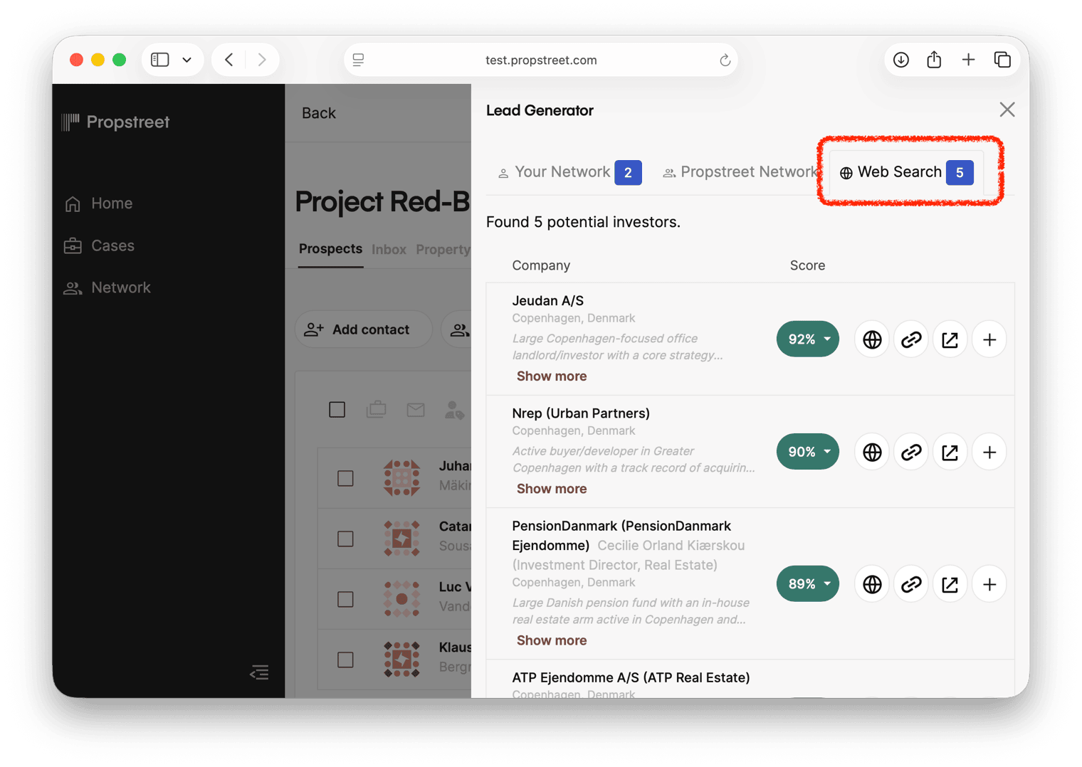 Lead Generator — Web search with AI-powered results and feedback buttons.