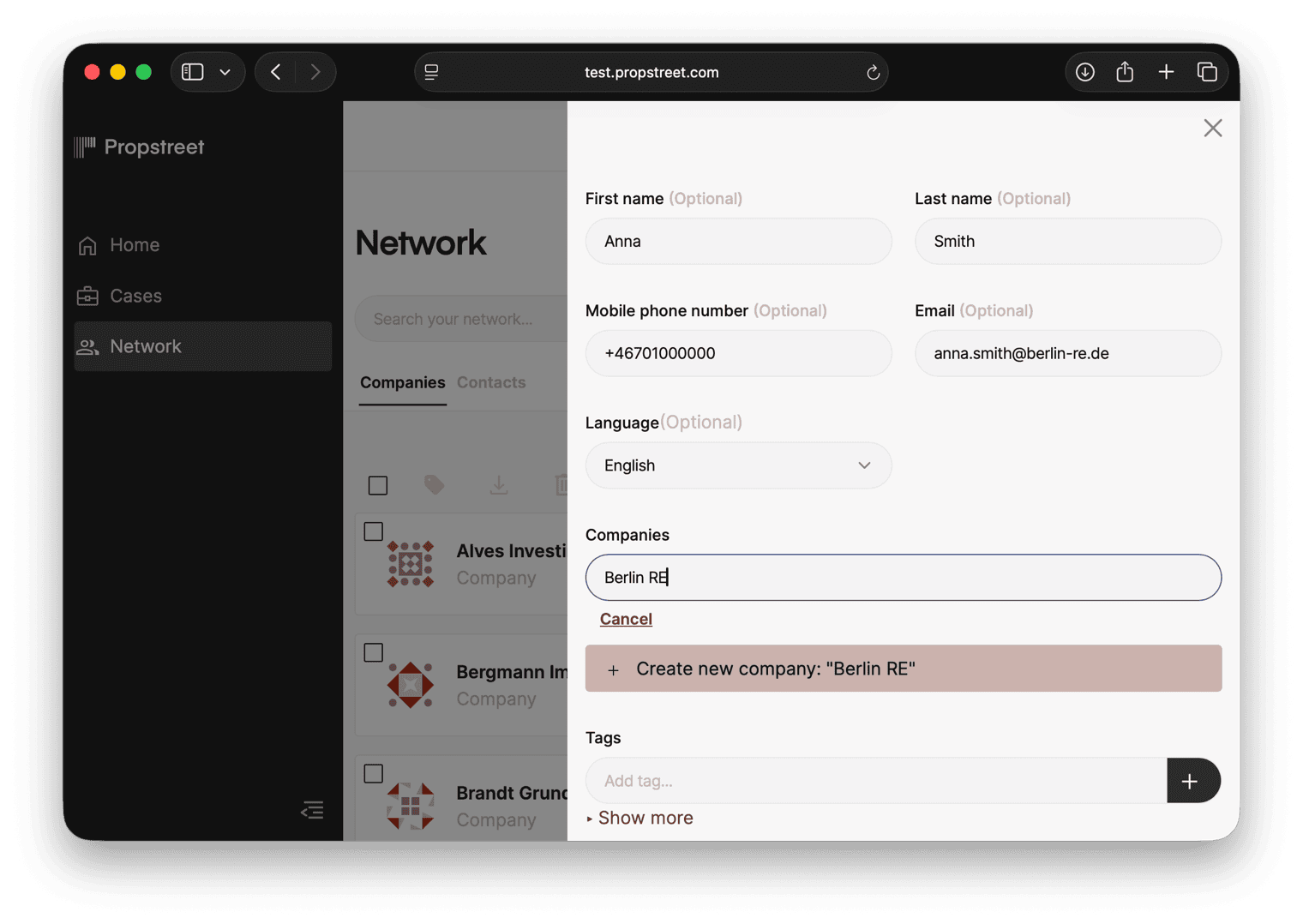 The form for creating a new contact in the network.