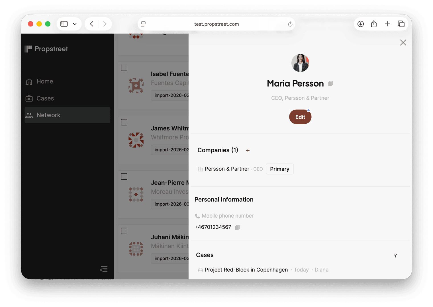 The detail panel for a contact with contact details, cases and timeline.