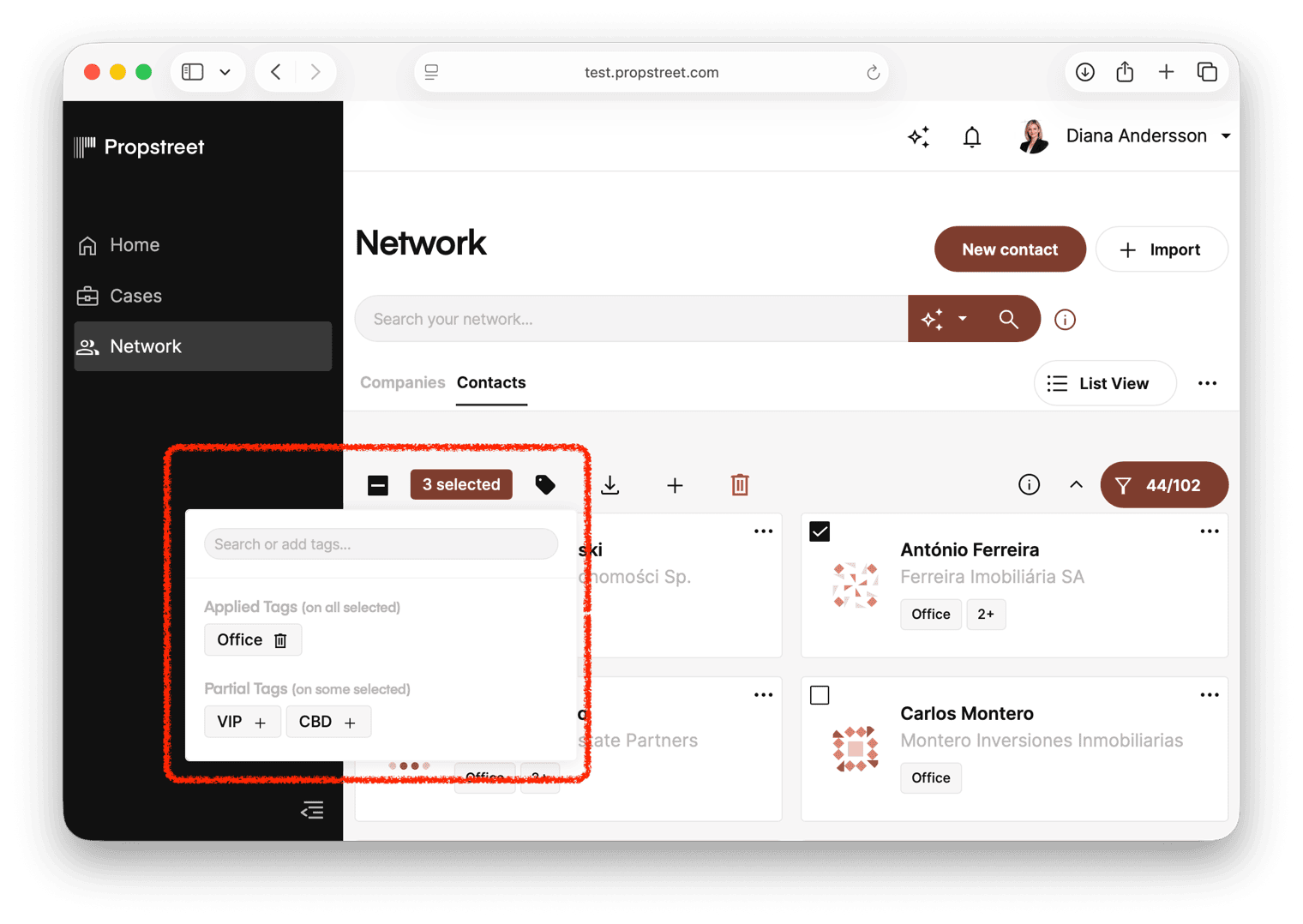 Bulk tagging: select multiple contacts and add tags with the tag tool.