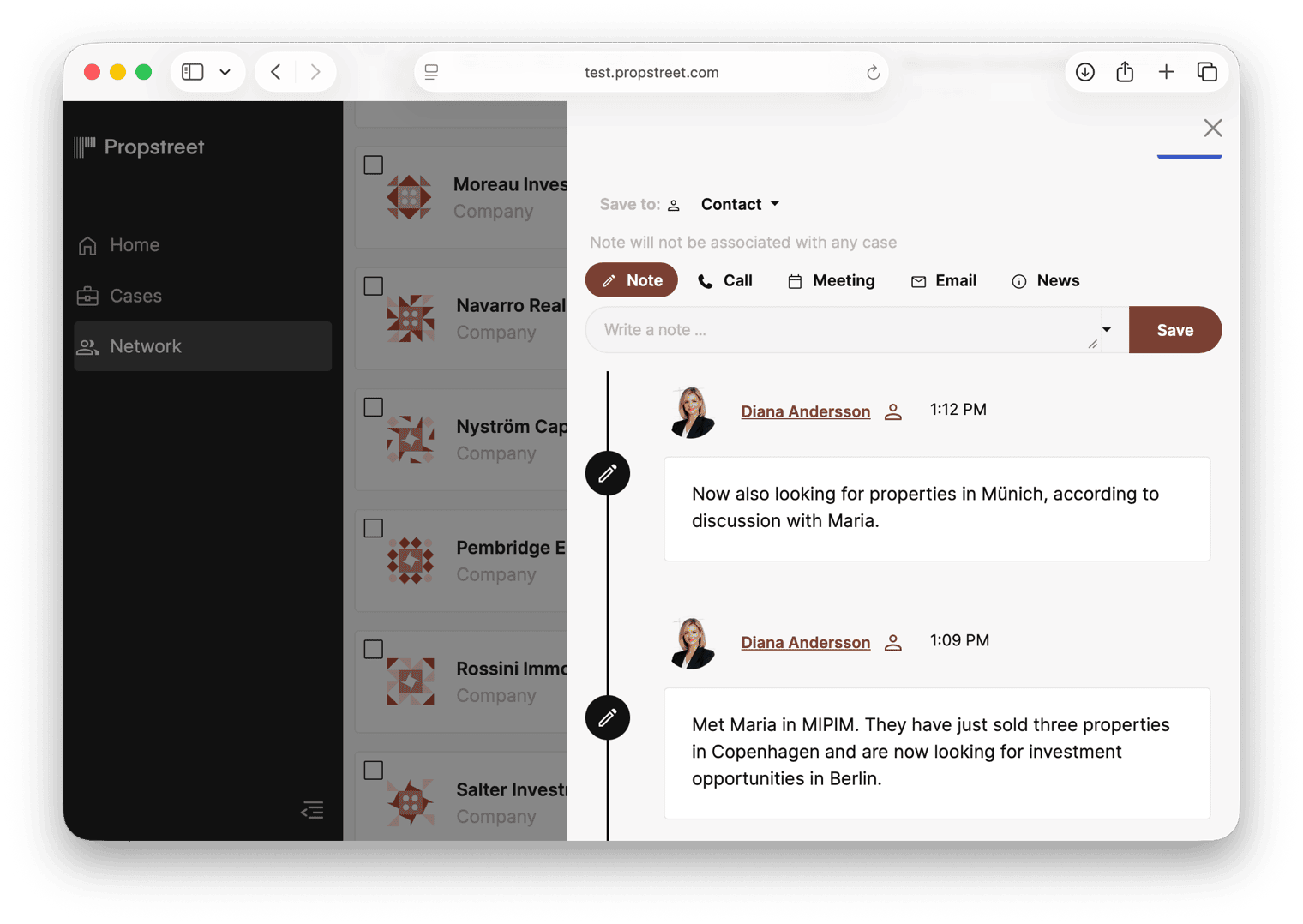 The timeline with notes, activities and news feed.