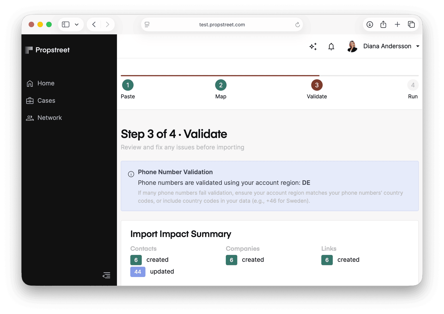 The validation preview step showing a summary of new, updated and skipped contacts, a data table with validation status per row, and the duplicate handling policy dropdown.