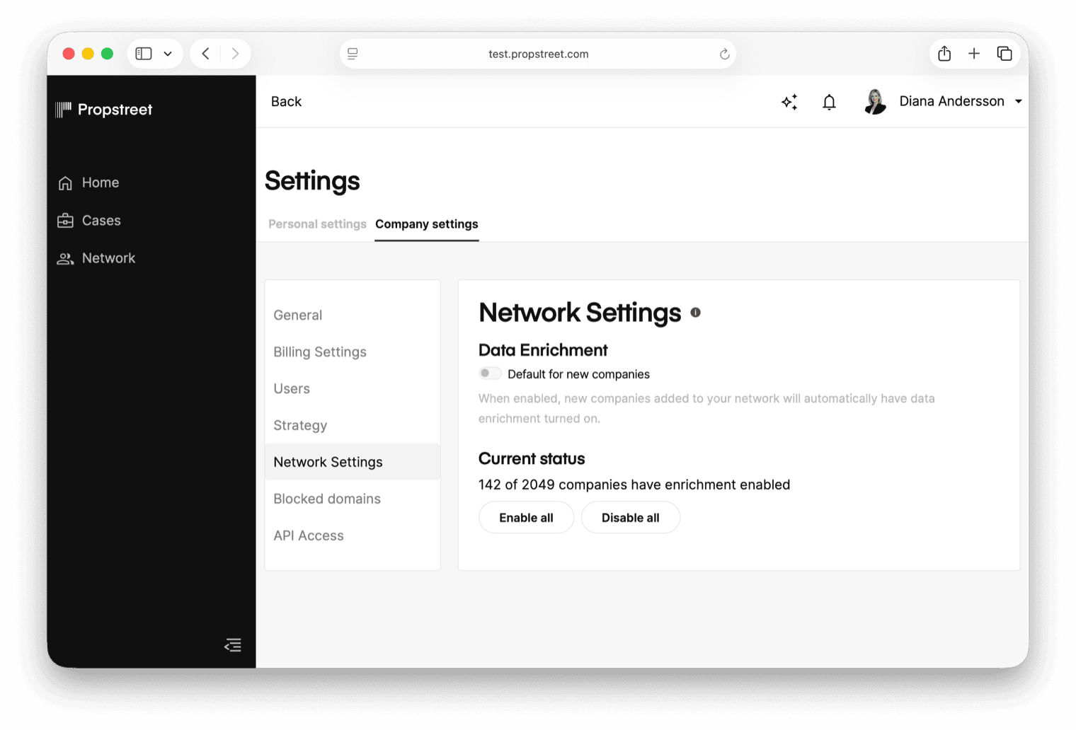 Network Settings with the default setting for new companies and buttons for enabling or disabling Data Enrichment for the entire network.