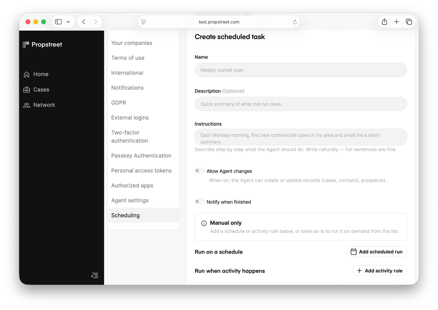 The Schedules page with the Create scheduled task editor open, showing the Name, Description, Instructions and trigger sections.