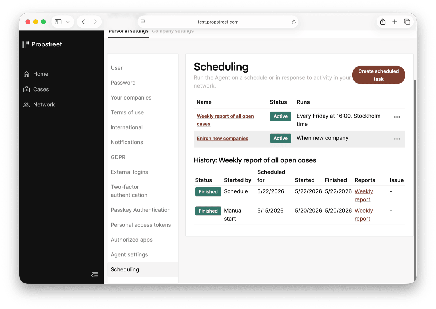 The Schedules list with one row expanded, showing the History table with a successful run and a generated report link.
