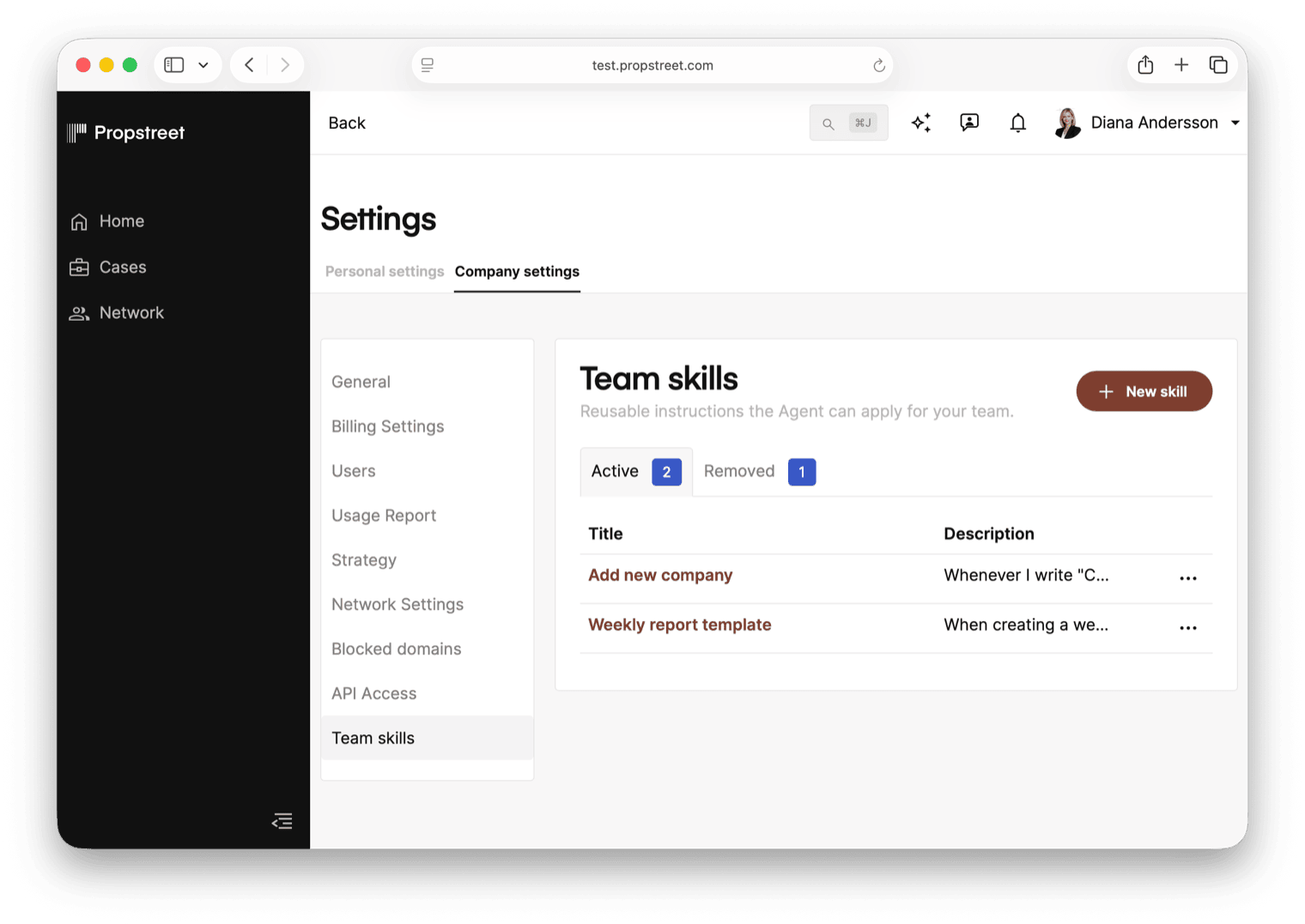The Team skills page with the Active tab showing a few example skills, the quota meter, and the New skill button.