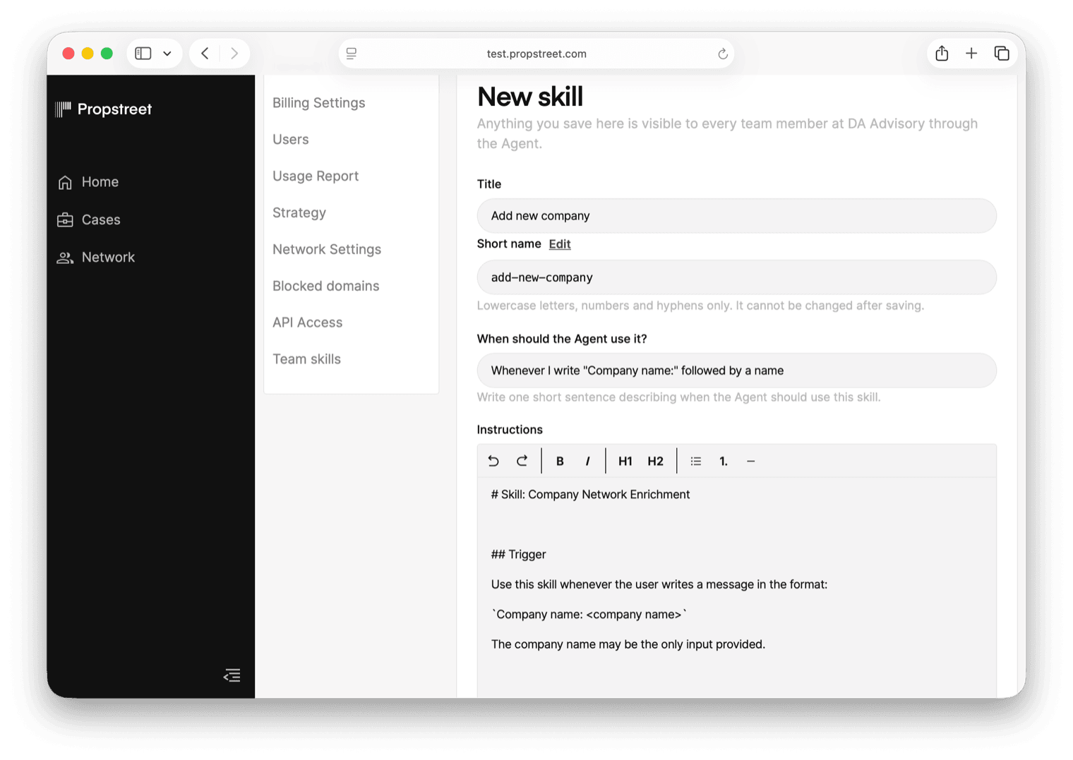 The skill editor with the four fields filled in and the preview panel rendering the Markdown on the right.