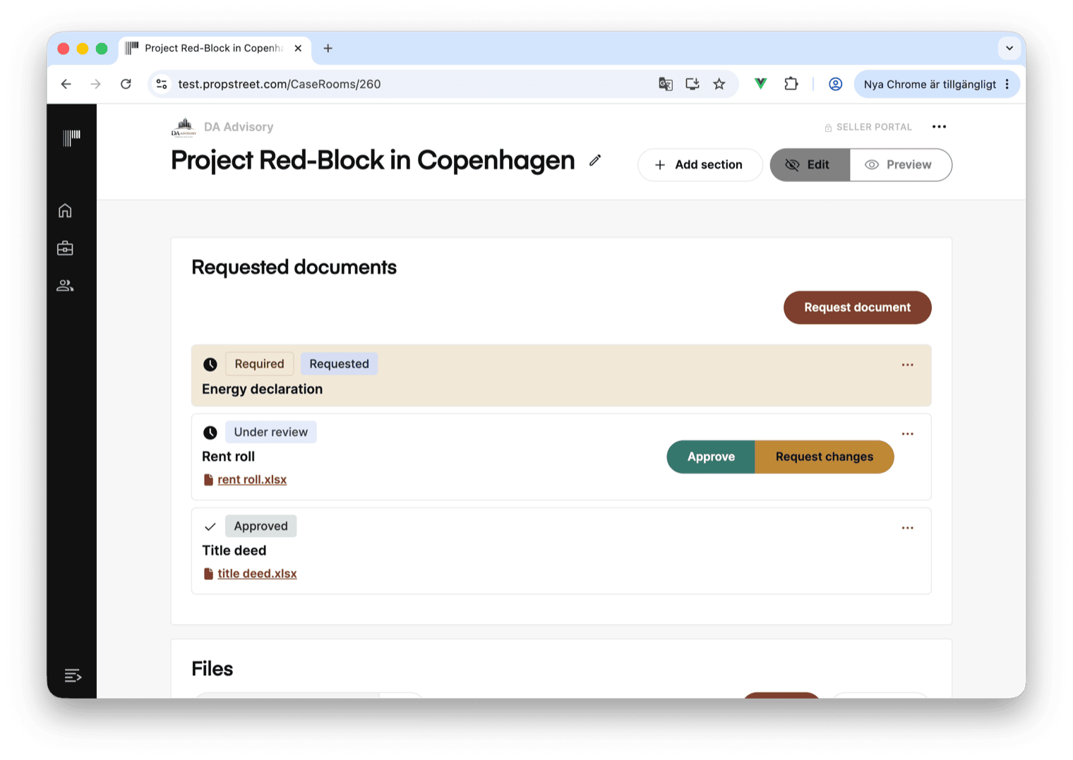 The Files section with three open document requests — Energy declaration as Requested, Rent roll as Under review, Title deed as Approved.