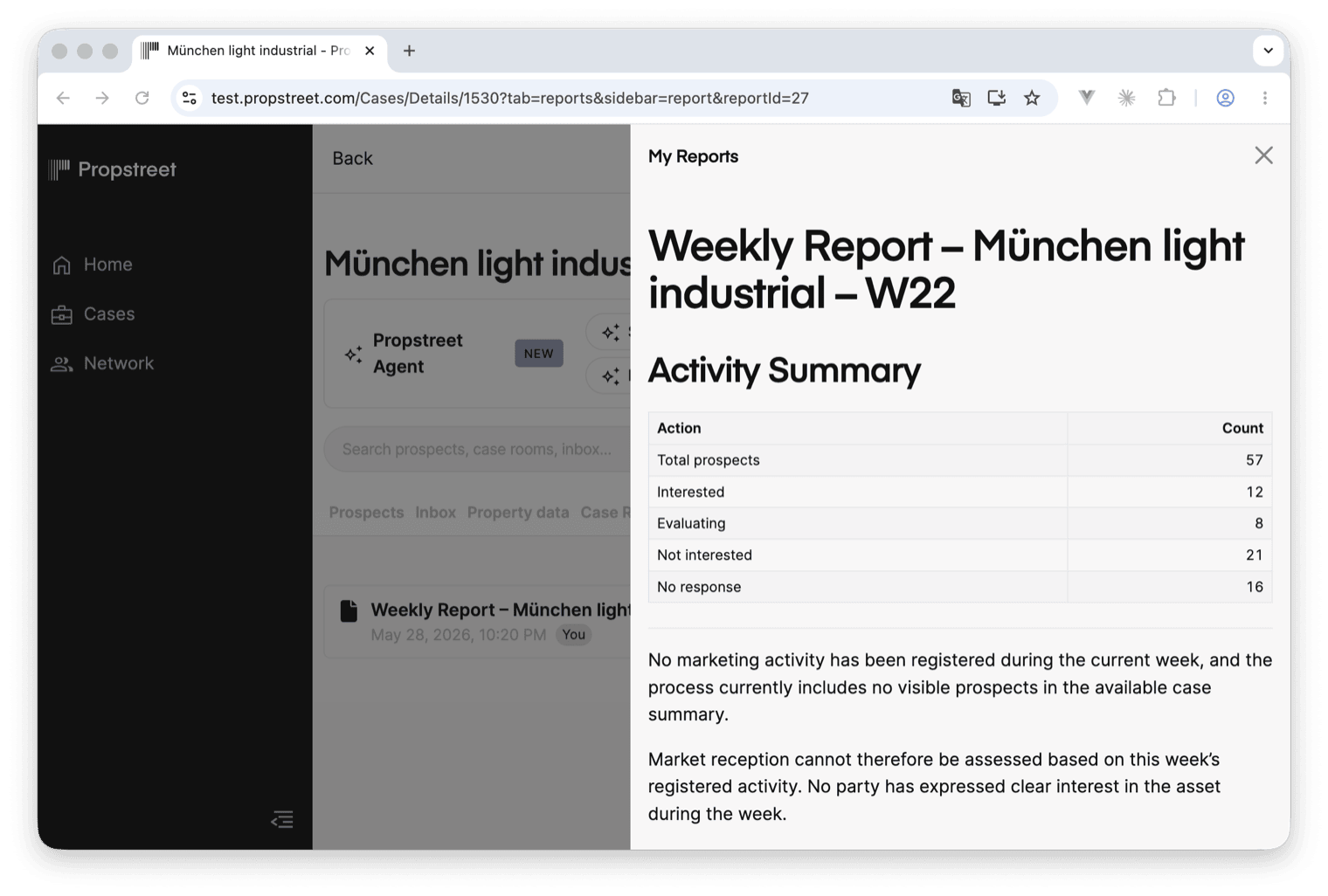 A saved report — Weekly Report – München light industrial – W22 — open in the Agent's report viewer, with its Activity Summary table and narrative text visible.